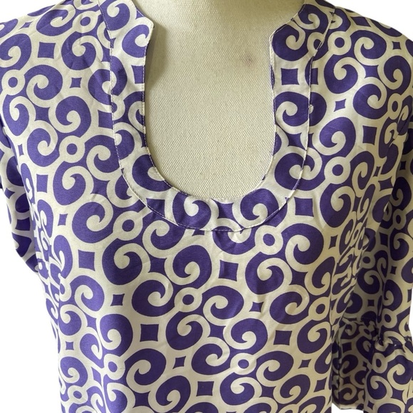 Buckhead Betties Silky Shift Dress Size L Purple White Design Bell Sleeve Roomy - Picture 10 of 12